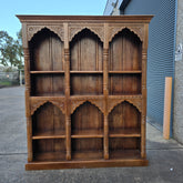 Antique Indian Hand Carved Wooden Mehrab Carvings Bookshelf Brown